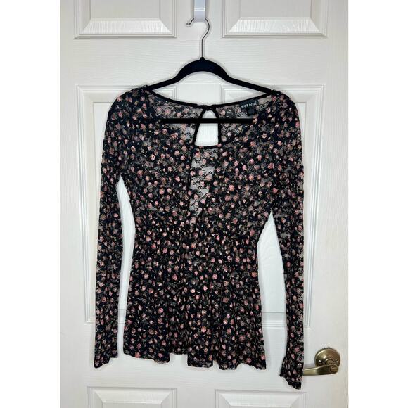 Wet Seal Y2K Black Floral Open Back Blouse See Through Top Whimsygoth Large L - Picture 4 of 9